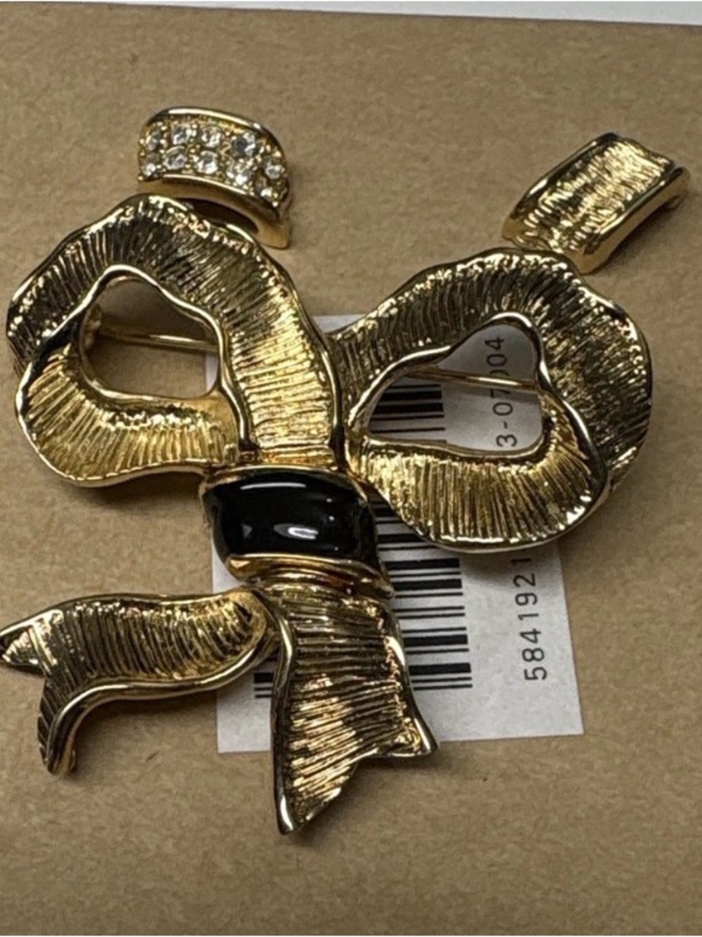 Givenchy Gold-Tone Bow Brooch with Black Enamel and Crystal Detail